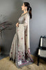 Grey Linen Cotton Saree Floral Hand Block Print Traditional Border
