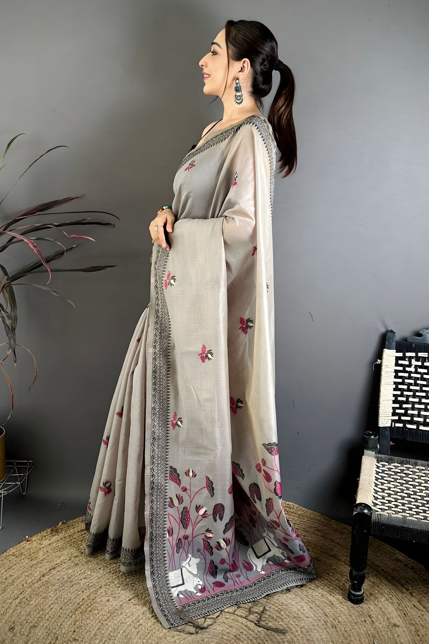 Grey Linen Cotton Saree Floral Hand Block Print Traditional Border