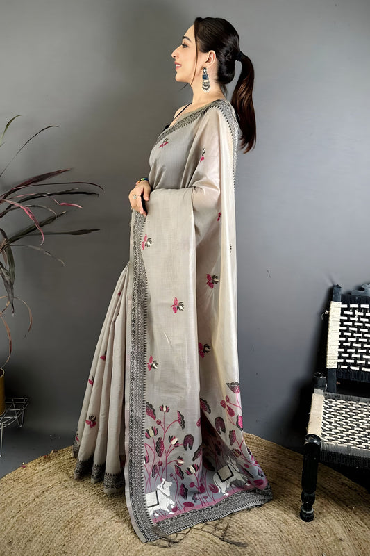 Grey Linen Cotton Saree Floral Hand Block Print Traditional Border