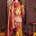 Golden Kanjivaram Silk Saree with Rich Pink Zari Weaving Border