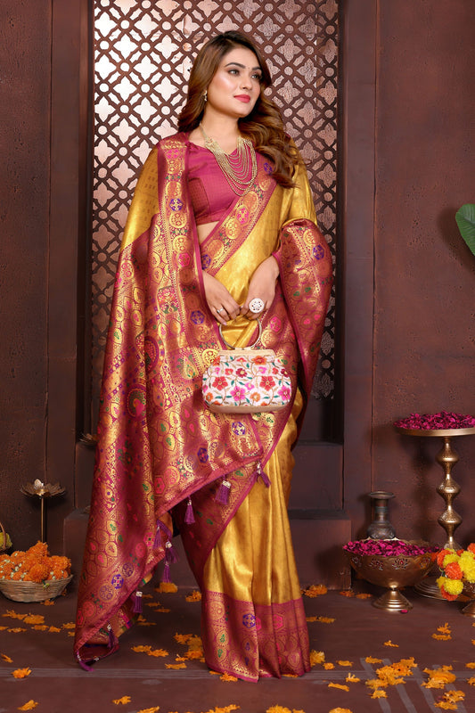 Golden Kanjivaram Silk Saree with Rich Pink Zari Weaving Border