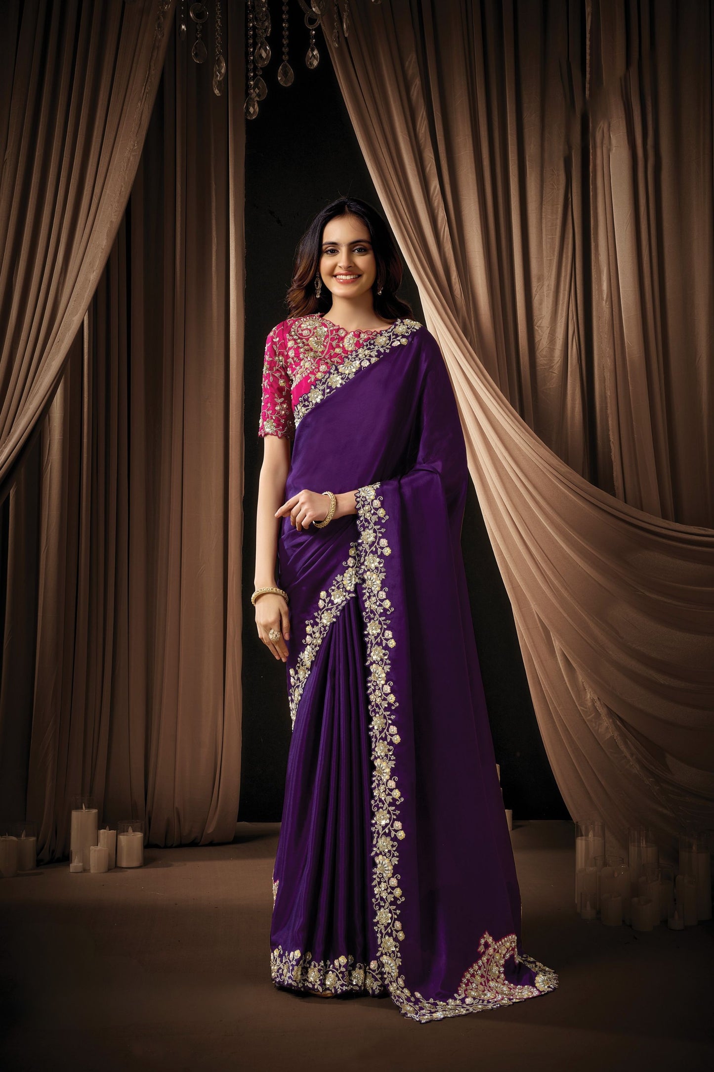 Purple Designer Embroidered Saree with Heavy Border Stylish Blouse 