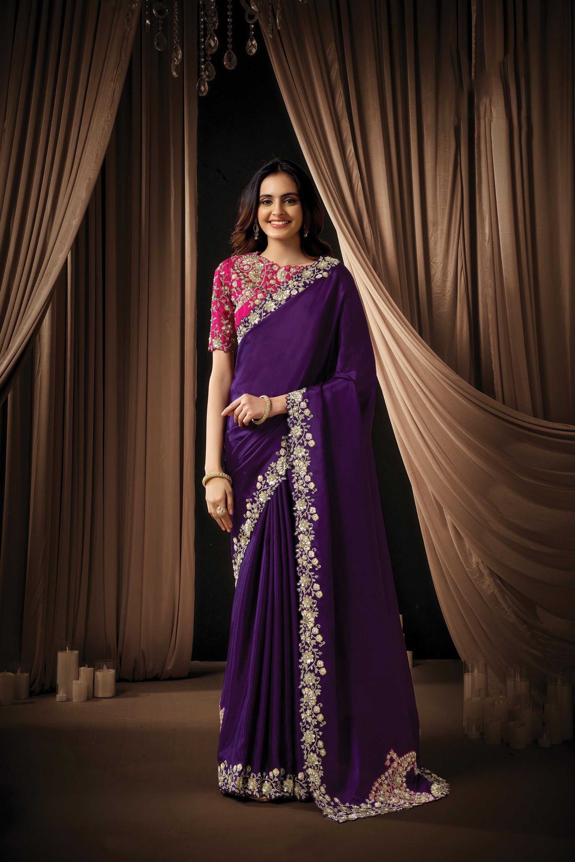 Purple Designer Embroidered Saree with Heavy Border Stylish Blouse 