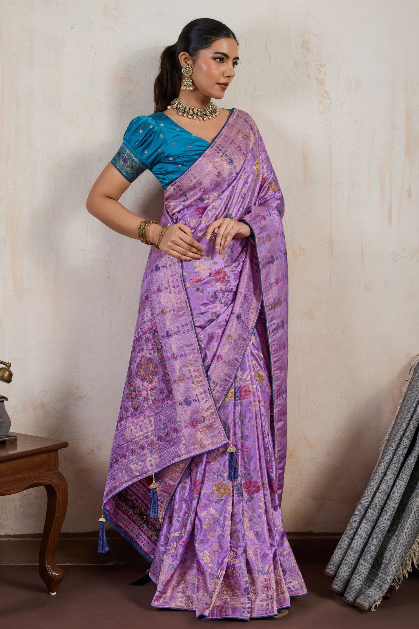 Lavender Banarasi Silk Saree with Rich Zari Floral Weaving Border