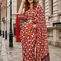 Red Geometric Printed Saree with Ethnic Border Designer Blouse