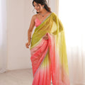 Beautiful Lime Green Coral Pink Ombre Organza Saree Embroidered Border