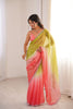 Beautiful Lime Green Coral Pink Ombre Organza Saree Embroidered Border