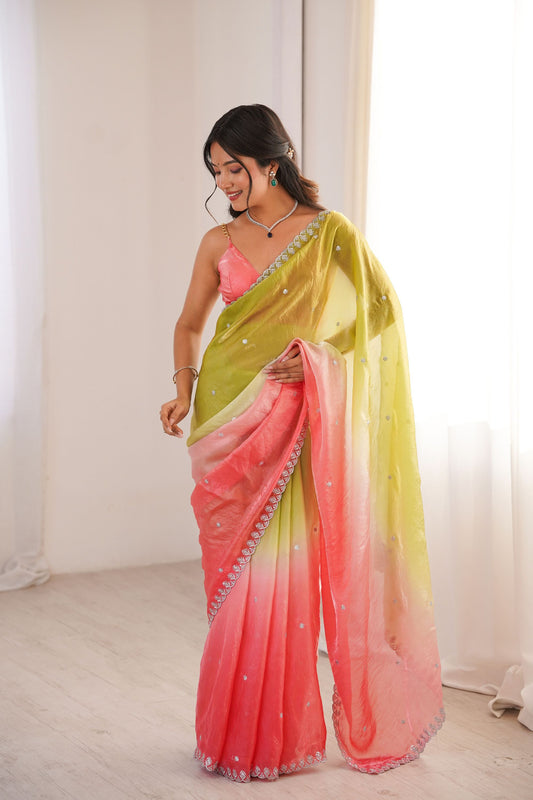 Beautiful Lime Green Coral Pink Ombre Organza Saree Embroidered Border