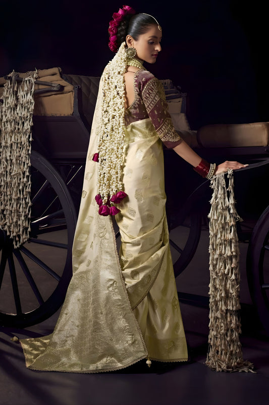 Off White Banarasi Silk Saree Rich Gold Zari Buti Weaving Traditional Border
