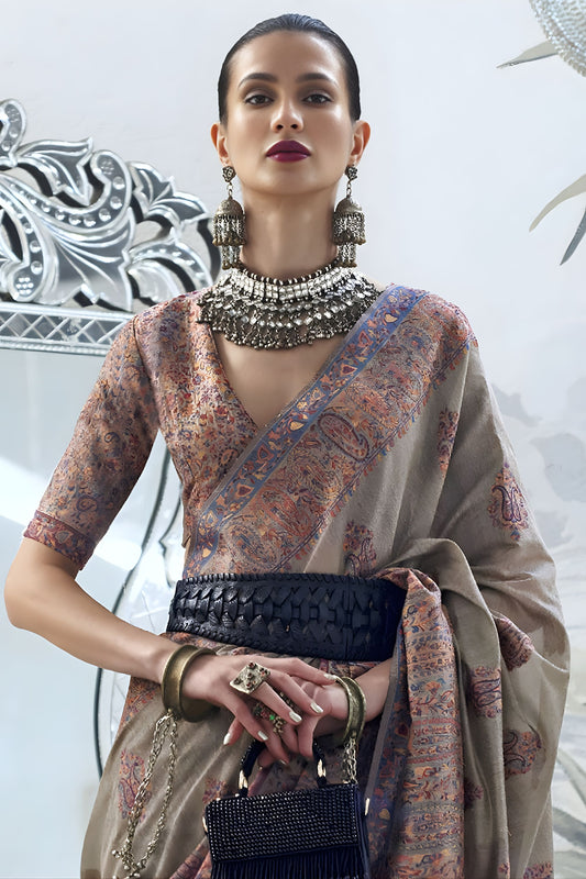 Brown Banarasi Silk Saree with Traditional Paisley Woven Border