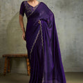 Deep Purple Chiffon Saree Zari Embroidered Blouse Designer Party Wear Saree 