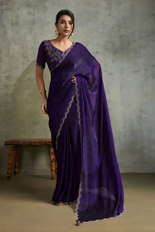 Deep Purple Chiffon Saree Zari Embroidered Blouse Designer Party Wear Saree 