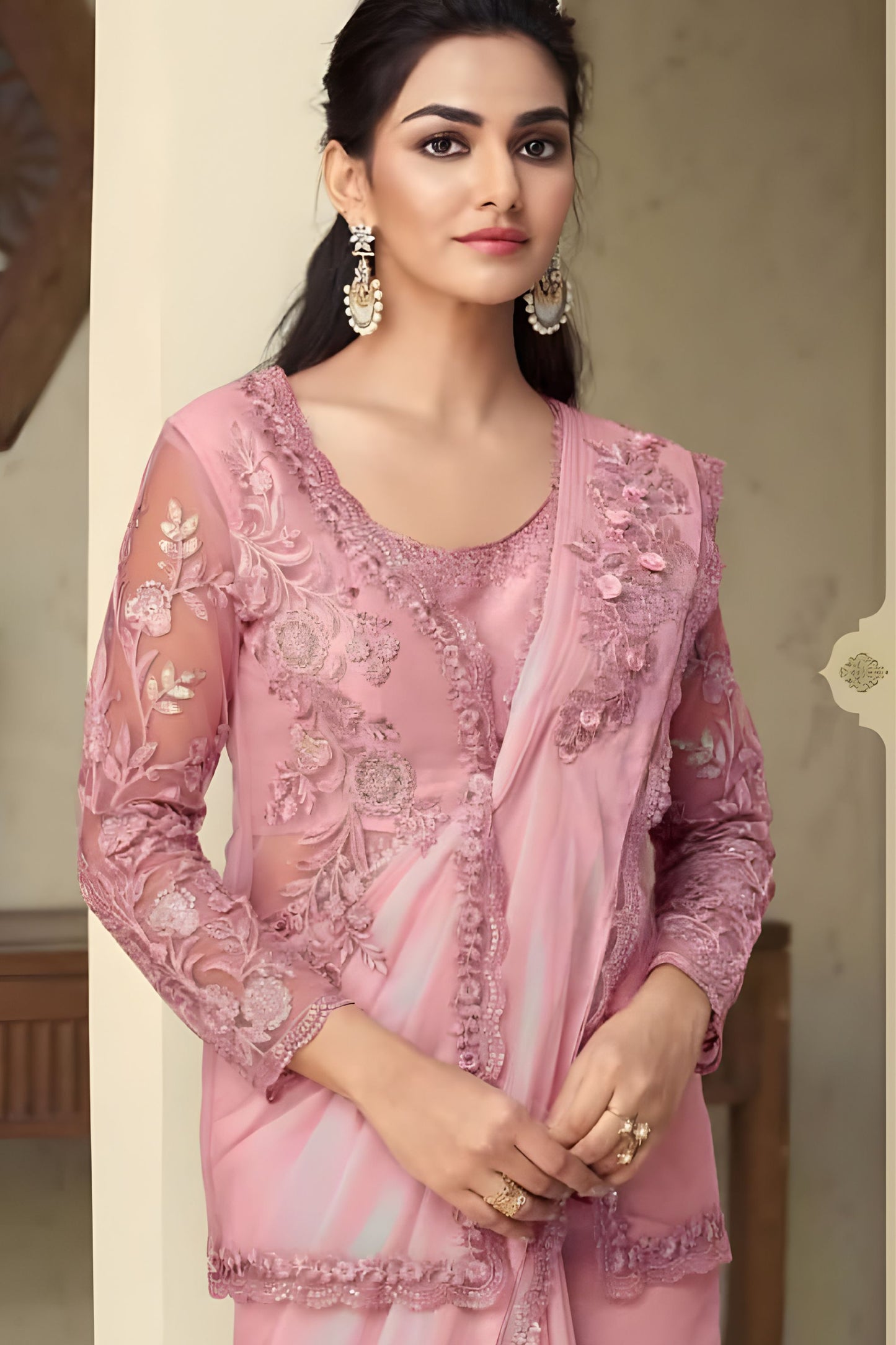 Elegant Pink Embroidered Organza Saree with Designer Blouse