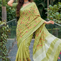 Pistachio Green Linen Cotton Saree Floral Paisley Embroidery Tassel Pallu