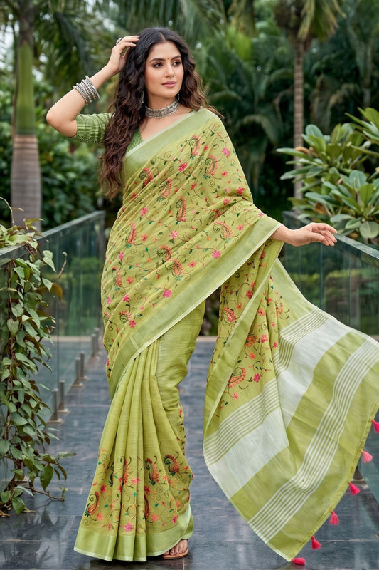 Pistachio Green Linen Cotton Saree Floral Paisley Embroidery Tassel Pallu