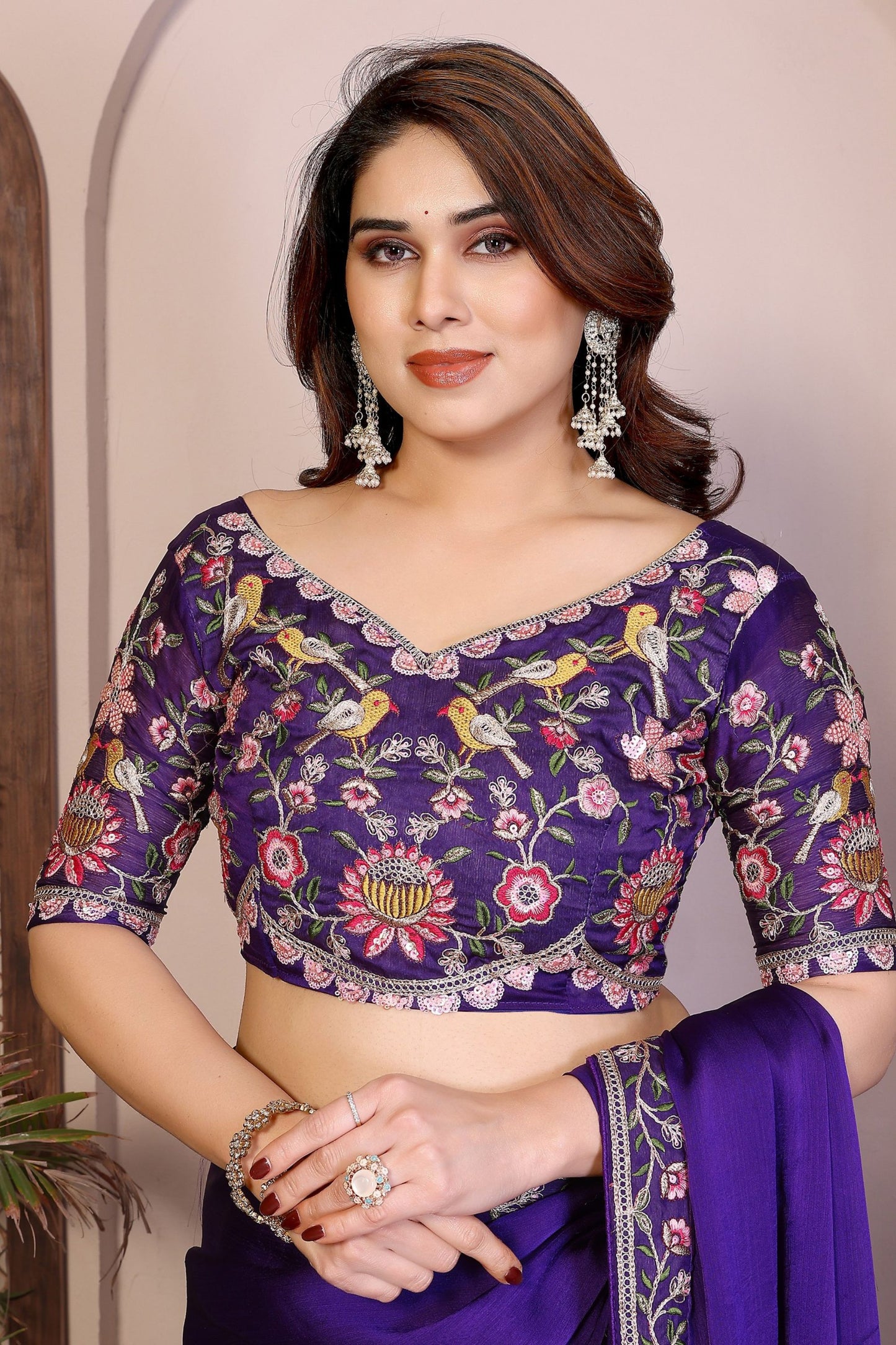 Royal Purple Silk Saree with Floral Embroidered Border Designer Blouse