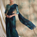 Teal Blue Satin Saree with Printed Designer Blouse Festive Wear