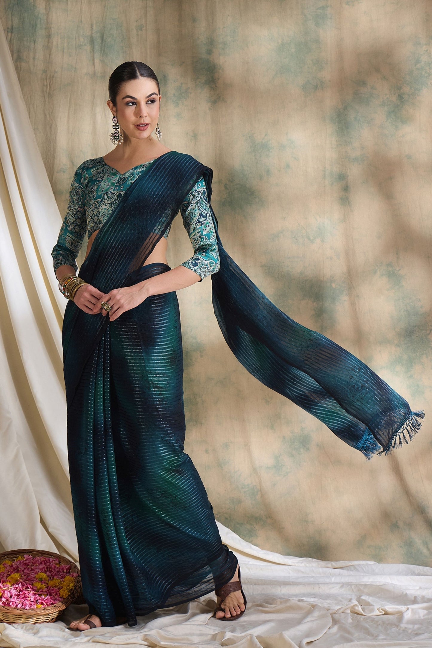 Teal Blue Satin Saree with Printed Designer Blouse Festive Wear