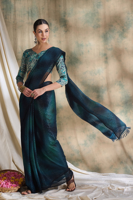 Teal Blue Satin Saree with Printed Designer Blouse Festive Wear