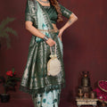 Sea Green Dark Green Tie-Dye Silk Saree with Silver Woven Border