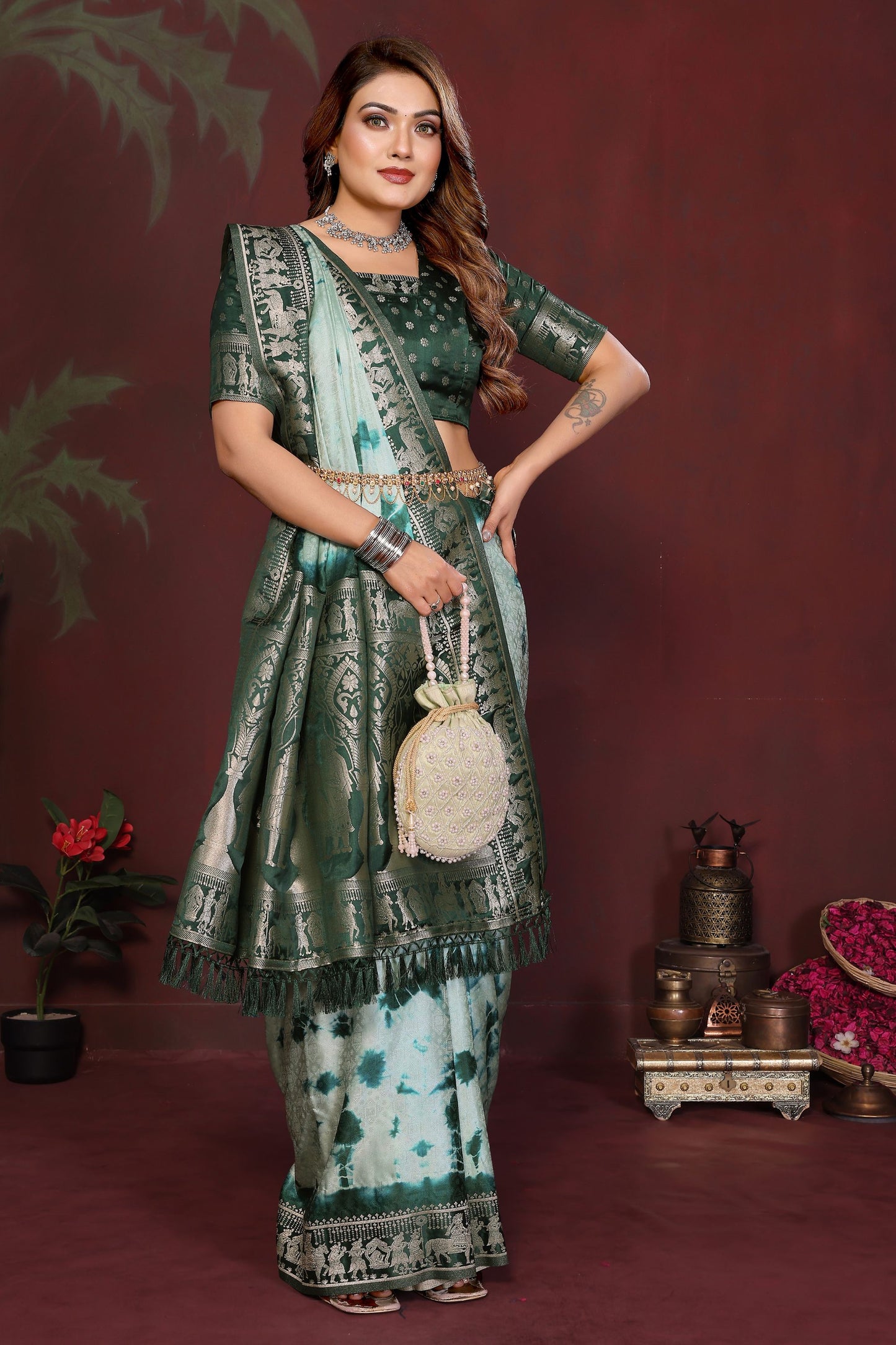Sea Green Dark Green Tie-Dye Silk Saree with Silver Woven Border