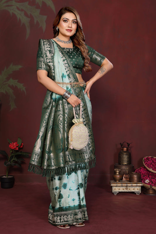 Sea Green Dark Green Tie-Dye Silk Saree with Silver Woven Border