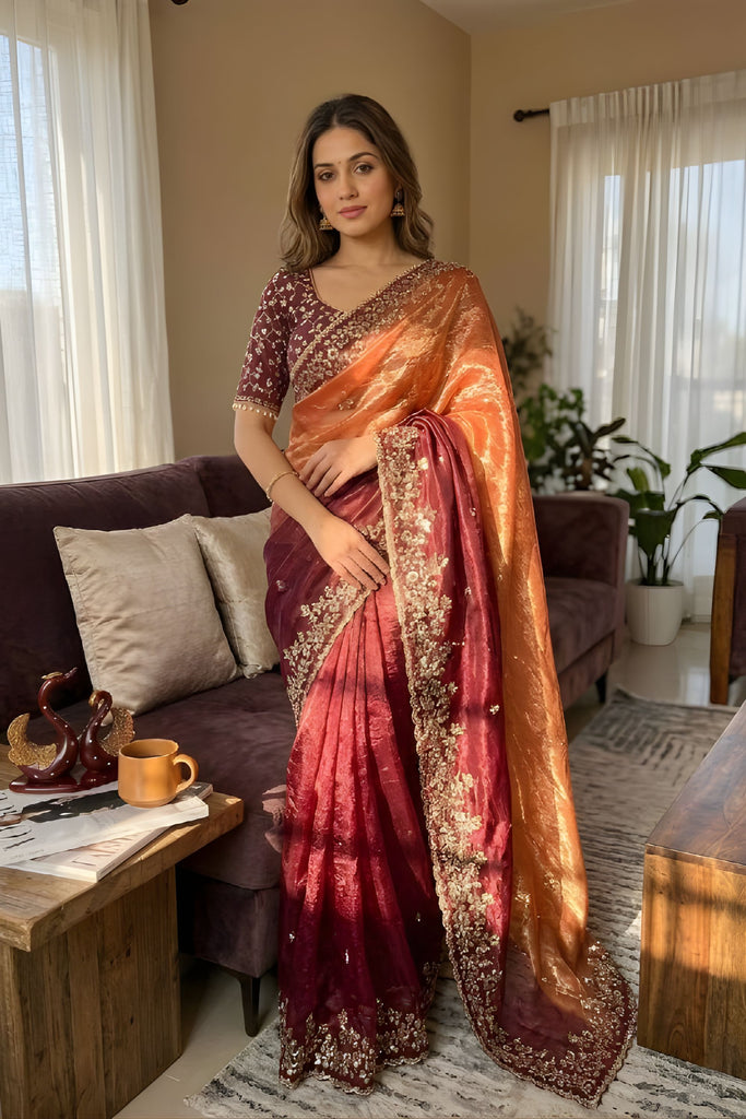 Wine Copper Designer Silk Saree with Heavy Embroidered Border