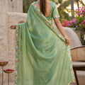 Sea Green Organza Silk Saree Floral Embroidered Border Designer Blouse