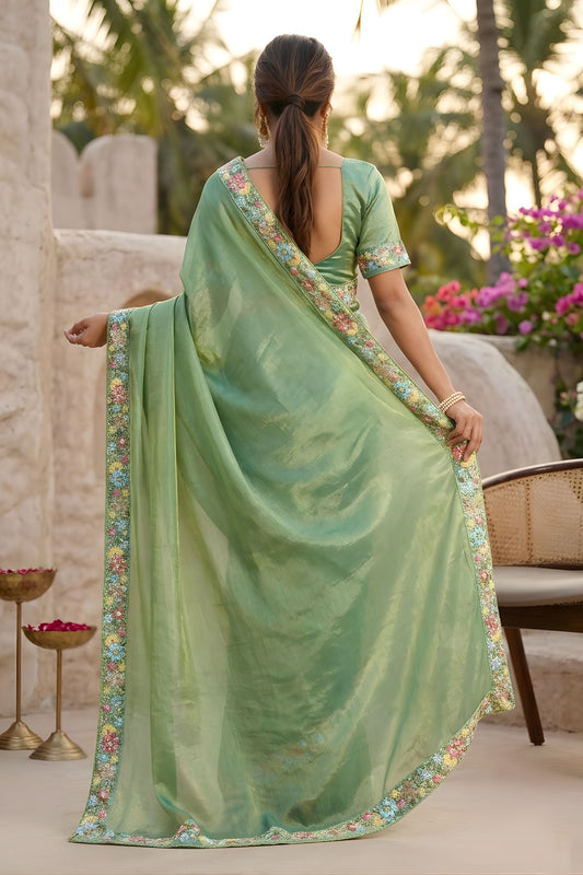Sea Green Organza Silk Saree Floral Embroidered Border Designer Blouse