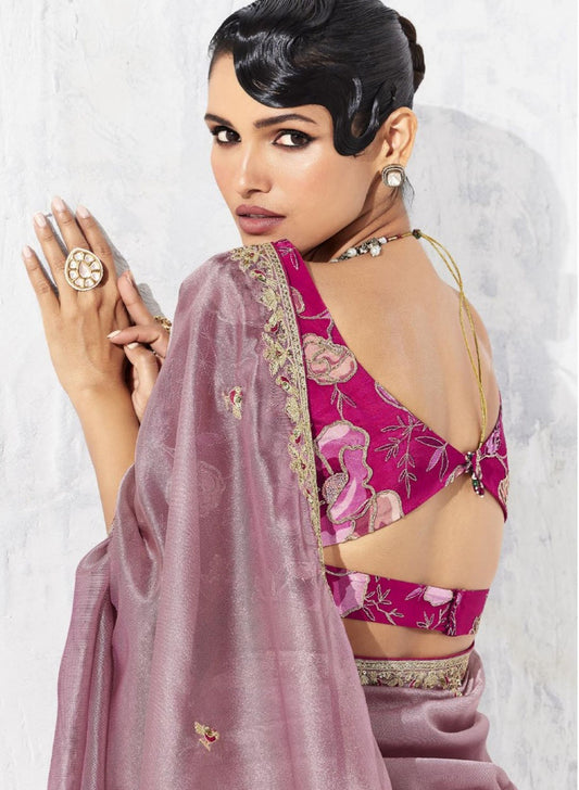 Elegant Mauve Silk Saree with Golden Pink Blouse Party Wear