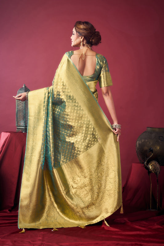 Mint Green Banarasi Silk Saree Golden Zari Woven Border Designer Blouse