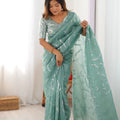 Sea Green Embroidered Organza Saree Silver Floral Party Wear 