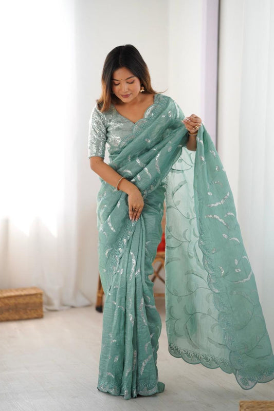 Sea Green Embroidered Organza Saree Silver Floral Party Wear 