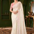 Off White Georgette Saree Peach Designer Blouse