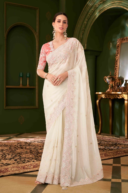 Off White Georgette Saree Peach Designer Blouse