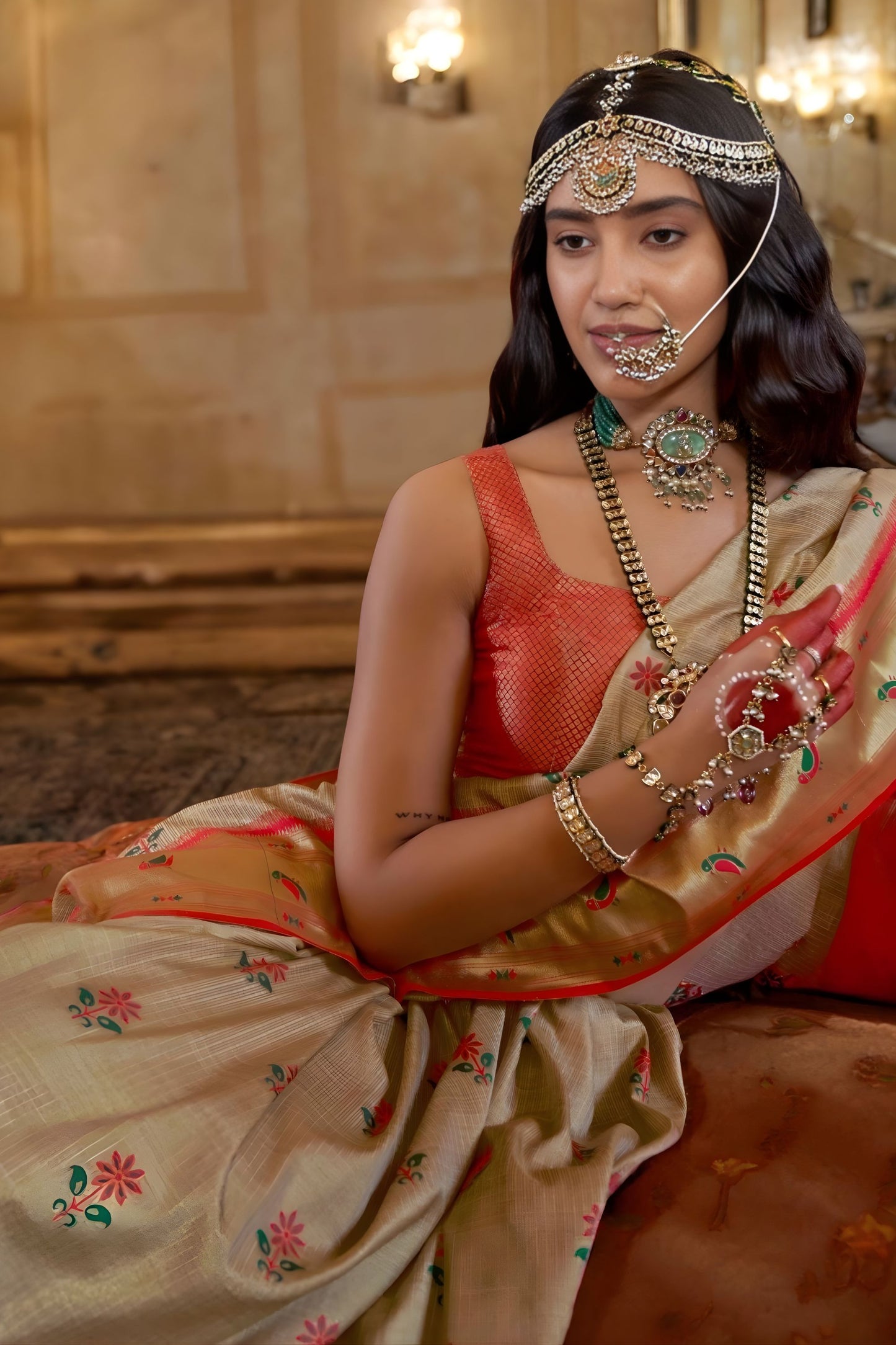 Light Gold Banarasi Silk Saree Red Border Zari Weaving Traditional Saree