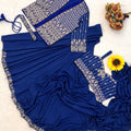 Royal Blue Designer Saree Heavy Golden Embroidered Border Matching Jacket Set