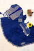 Royal Blue Designer Saree Heavy Golden Embroidered Border Matching Jacket Set