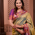 Olive Green Paithani Silk Saree with Contrast Magenta Zari Border