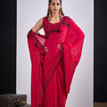 Rani Pink Organza Silk Saree Black Floral Embroidery Designer Saree