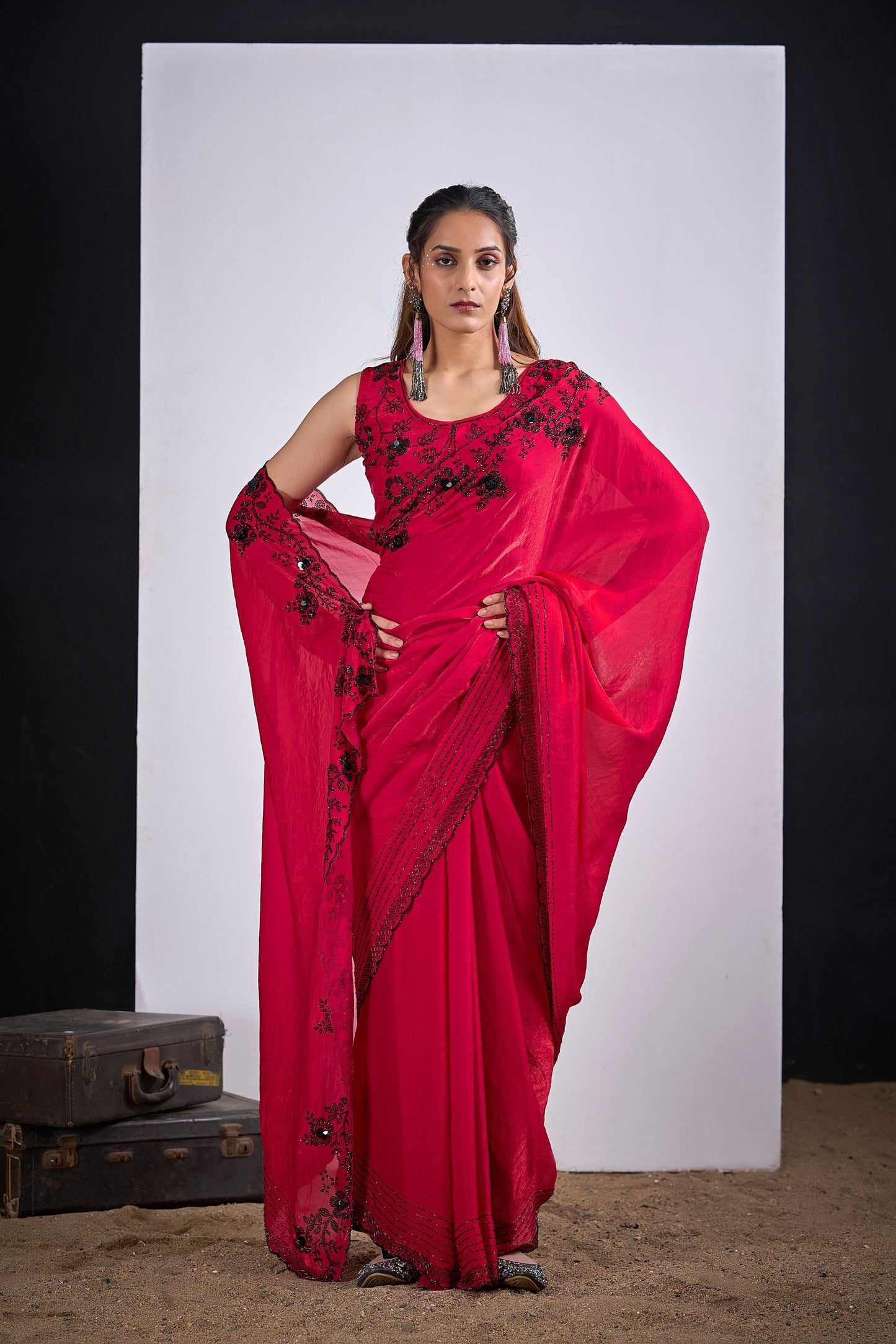 Rani Pink Organza Silk Saree Black Floral Embroidery Designer Saree