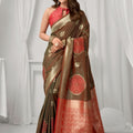 Brown Kanjivaram Silk Saree Red Zari Border Traditional Wear Saree 