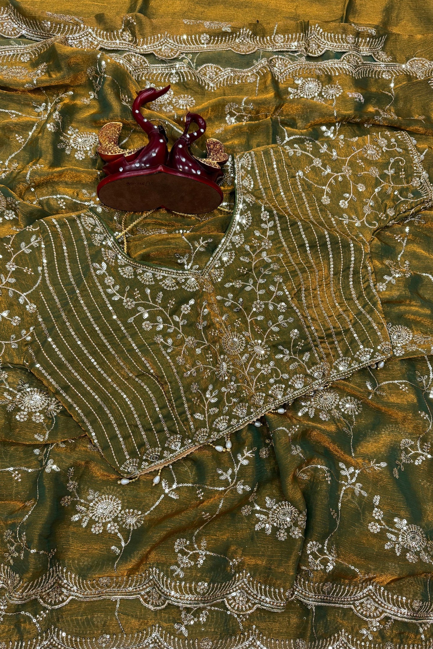 Olive Green Organza Saree Heavy Sequins Embroidery Designer Blouse