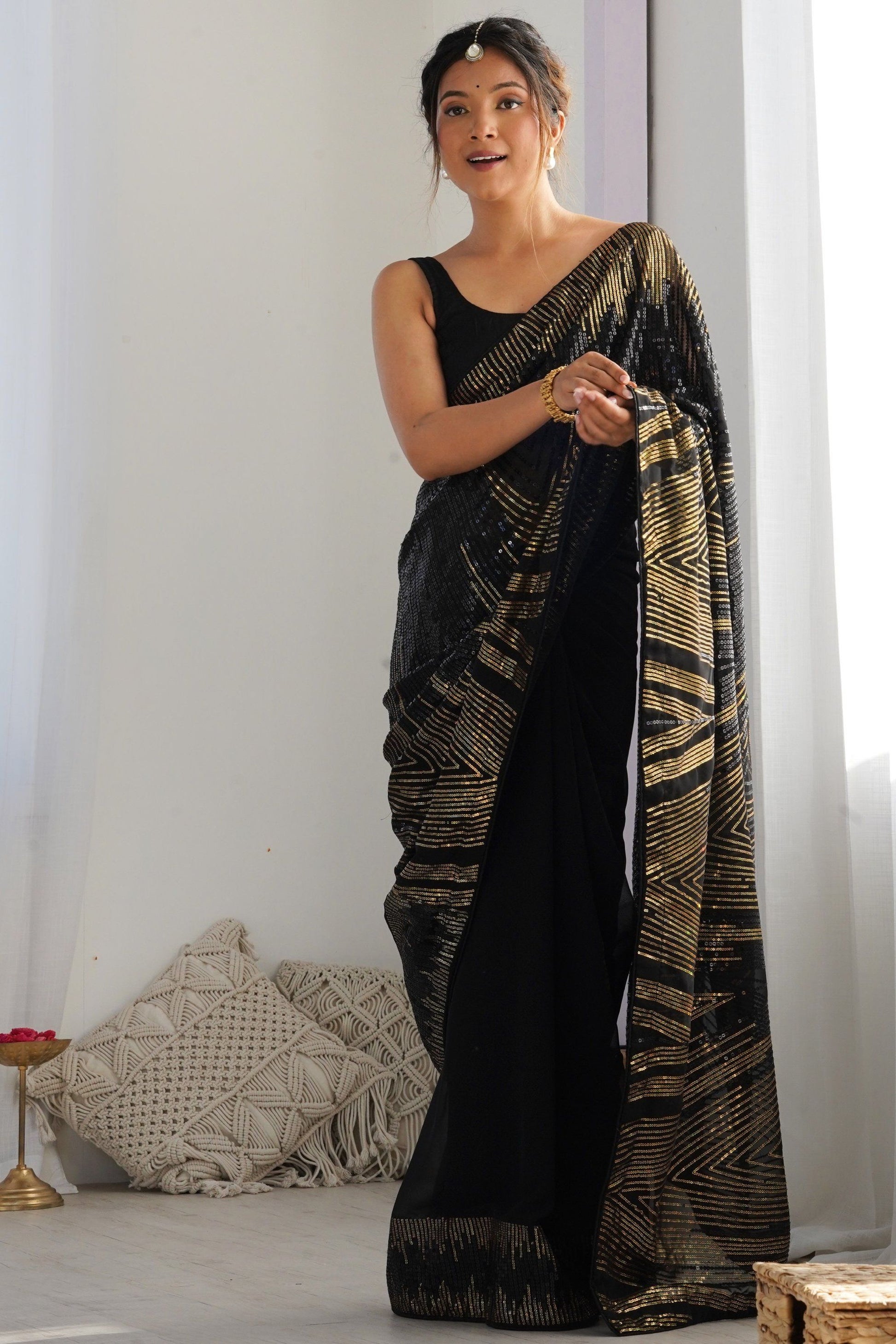 Designer Black Saree with Gold Party Wear Georgette Saree