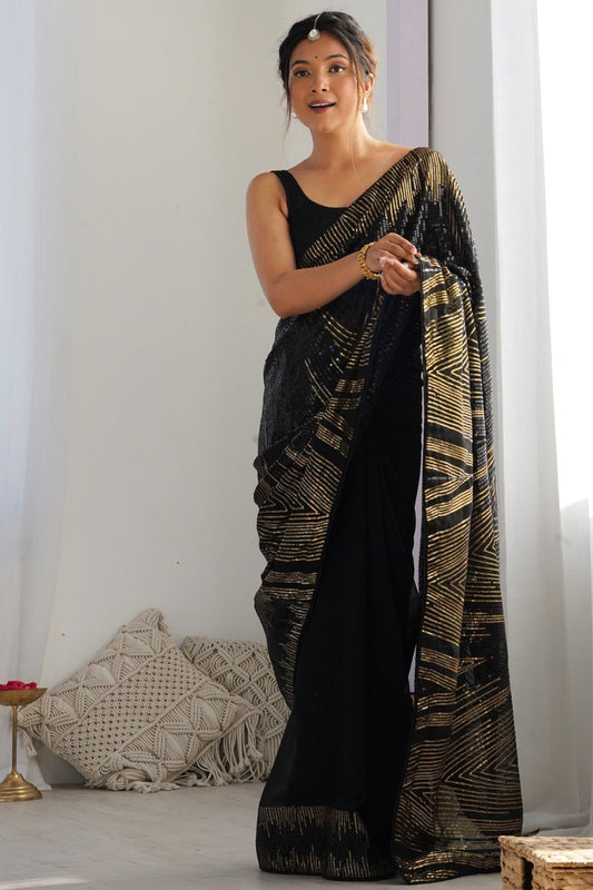 Designer Black Saree with Gold Party Wear Georgette Saree