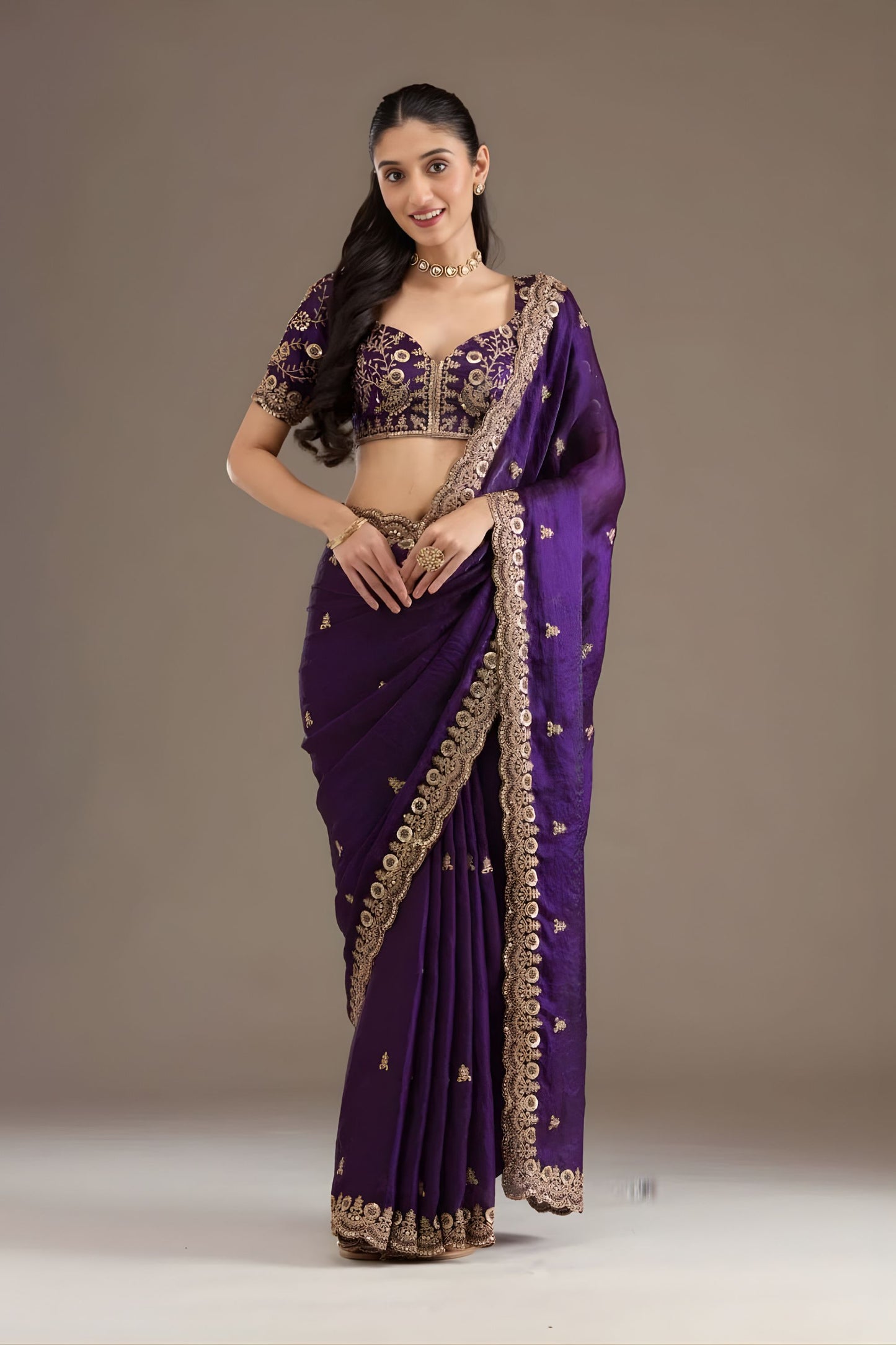 Royal Purple Silk Saree with Heavy Zari Embroidered Border Designer Blouse