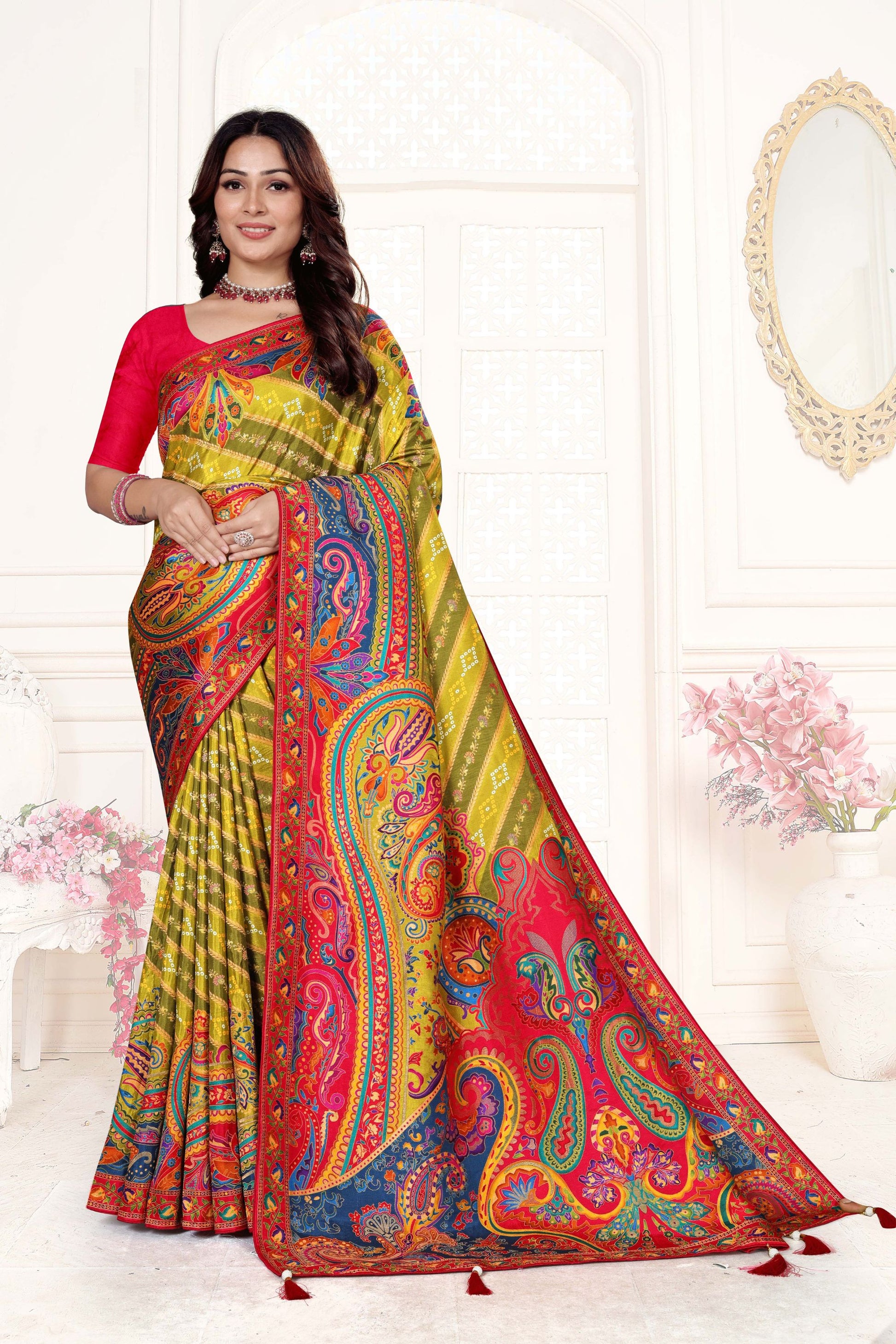 Mustard Yellow Multicolor Printed Saree with Paisley Design Saree