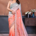 Peach and Sky Blue Embroidered Organza Silk Saree Designer Border