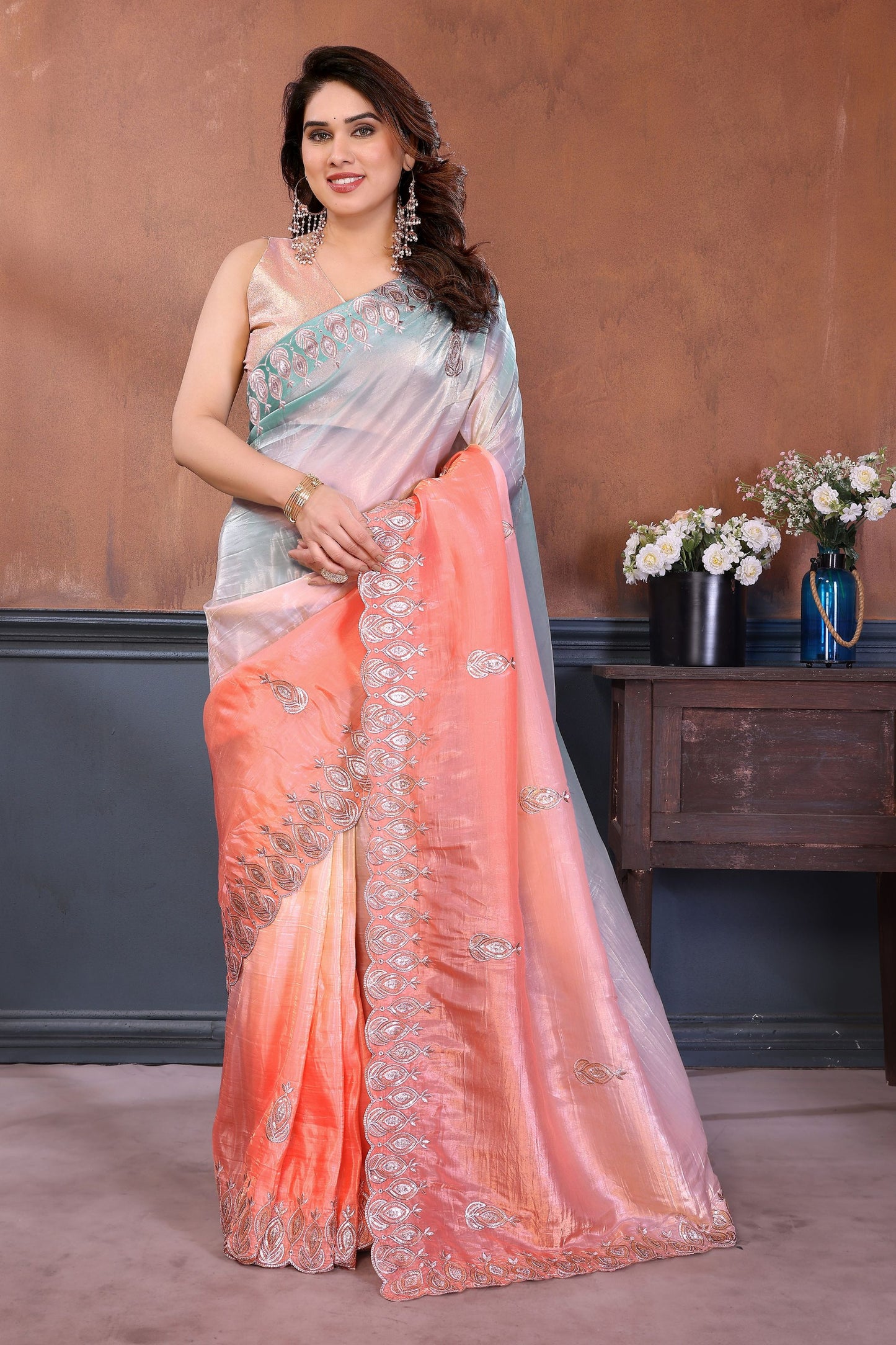 Peach and Sky Blue Embroidered Organza Silk Saree Designer Border