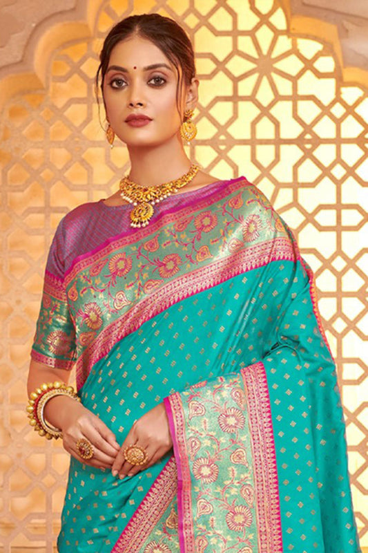 Turquoise Banarasi Silk Saree Blouse Piece Elegant